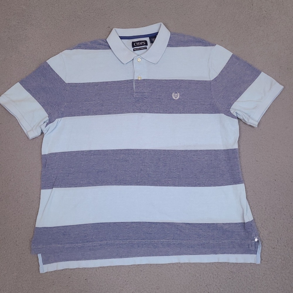 Chaps Mens Striped Polo Shirt‎ XL Natural Stretch Short Sleeve Blue Light Blue